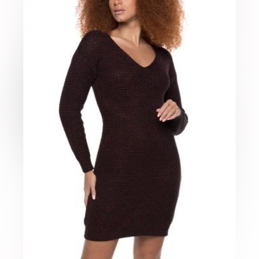 Black Tape V-Neck long sleeve Sweater Dress Black-Burgundy